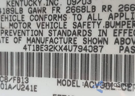 2004 Toyota Camry Le from USA, damaged, VIN 4T1BE32KX4U794087